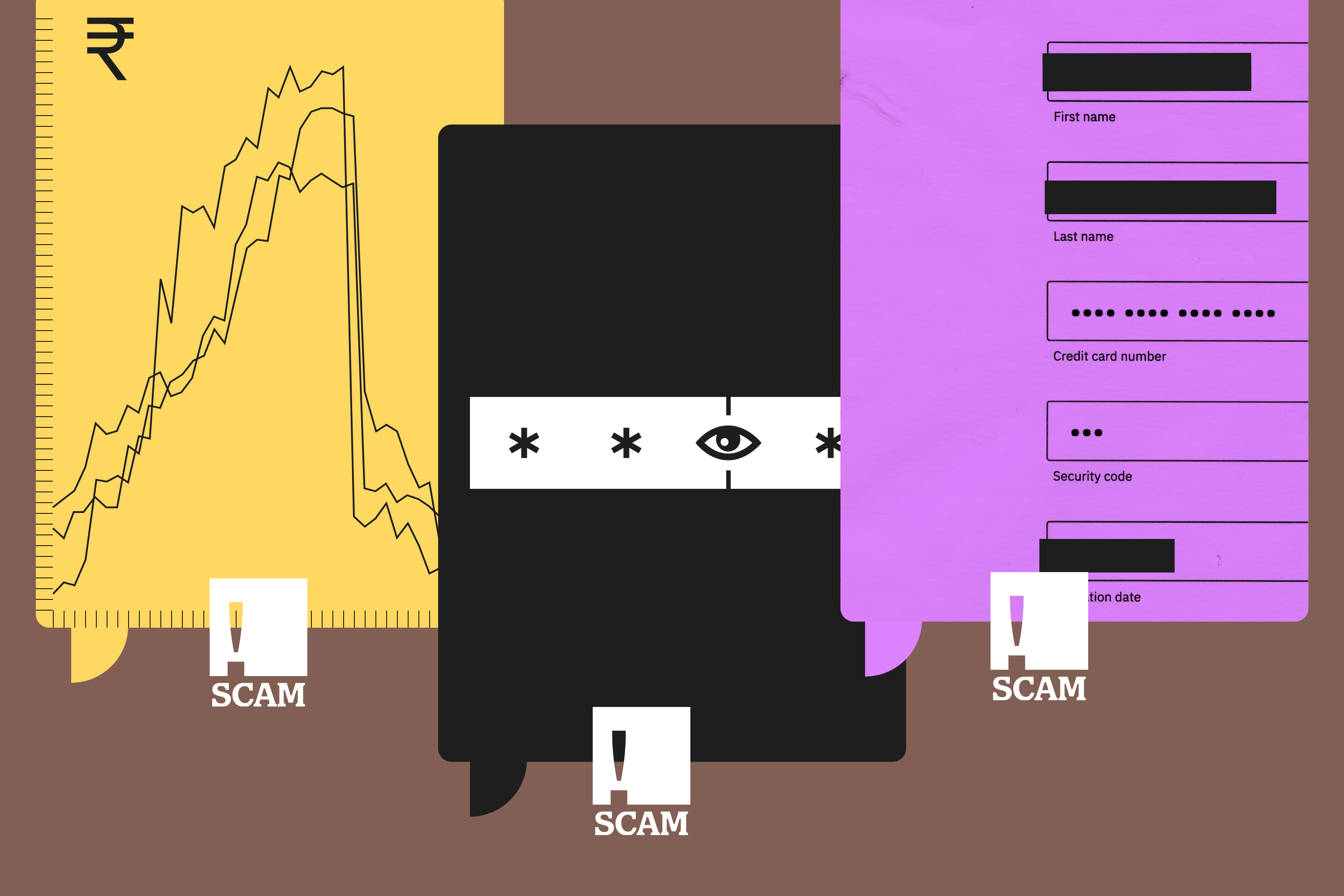 Collage of chat bubbles marked as scams: an investment chart with a rupee symbol, a hidden password with a watching eye, and a form asking for credit card details