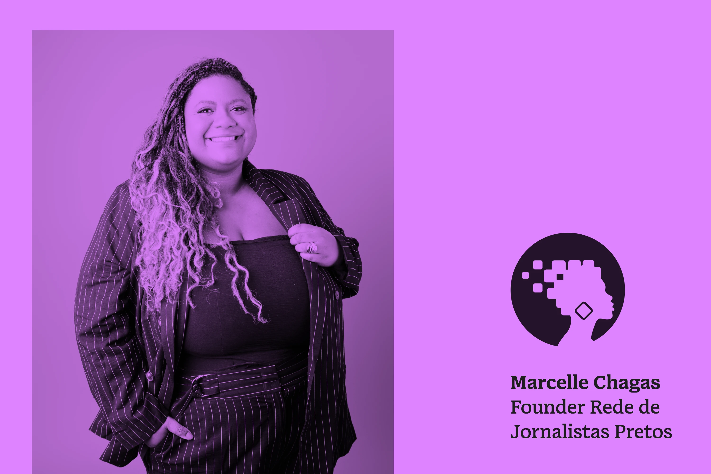 Portrait of Marcelle Chagas, founder of Rede de Jornalistas Pretos, on a purple background next to the network's logo