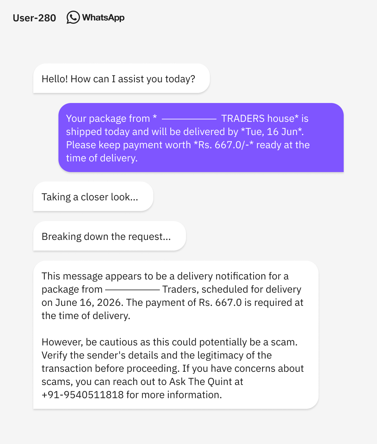 Scamguard flags a suspicious message a user received